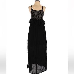 Raga Dominca Black Tassel Maxi Gauze Boho Dress With Gold Beaded Bodice Sz S